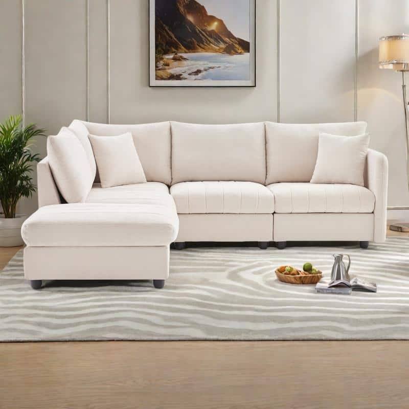 89" Linen-Blend L-Shaped Sectional Sofa with Ottoman, 2 Pillows and Pocket Springs, 360lb Capacity