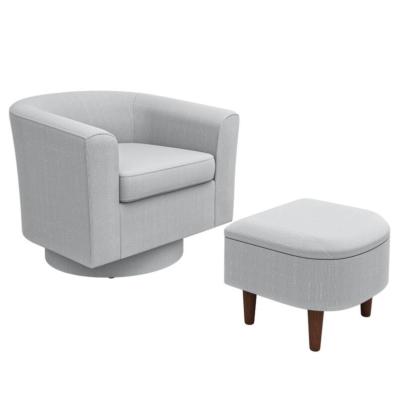 Swivel Barrel Chair & Ottoman with Storage - Upholstered Accent Chair for Living Room Bedroom Office - Light Grey