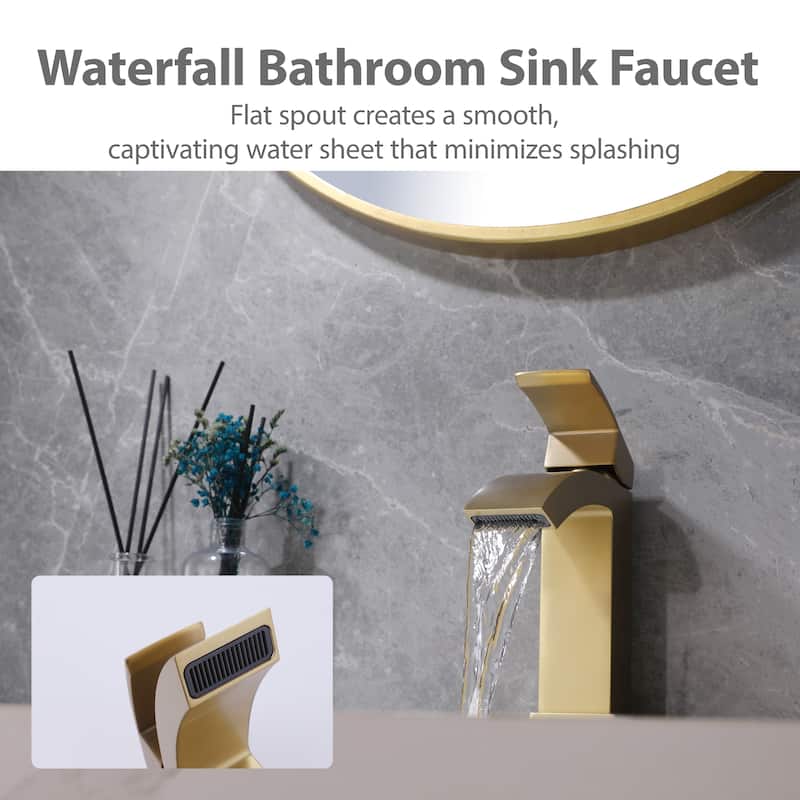 Modland Waterfall Bathroom Faucet Single Hole, CEC/CUPC Certified, with Cover Plate (Brushed Gold/Matte Black)