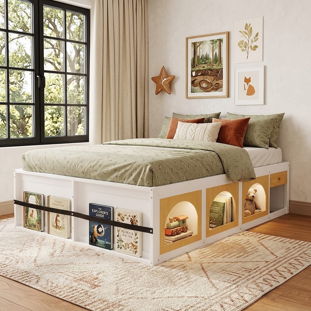 Wooden Platform Bed with Footboard Bookshelf, LED Display Cabinet and Drawer Storage by Harper&Bright Designs