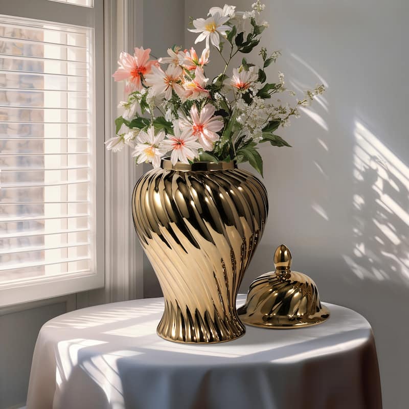 Sagebrook Home Ceramic 20" Swirl Temple Jar, White/Gold, Cylinder, 20"H, Swirl - 11" x 11" x 20"