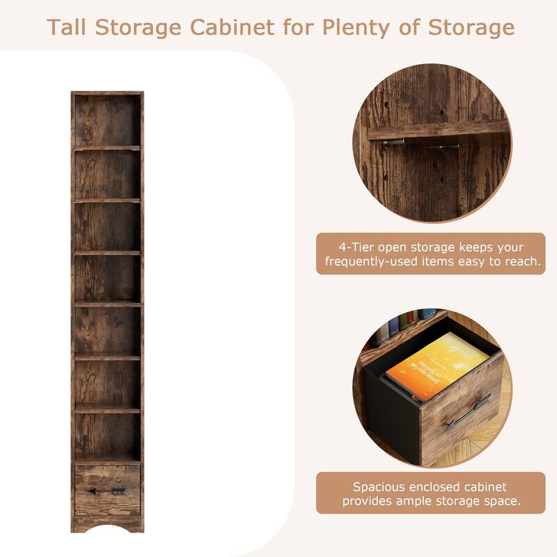 Javlergo Tall 7-Tier Adjustable Corner Bookcase with Drawer MDF Storage Shelf for Living Room Bedroom Kitchen and Entryway