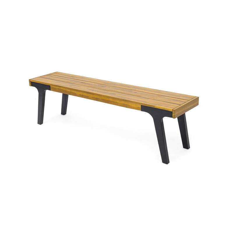 Roomfitters Outdoor Benches Set of 2, Acacia Wood Seats with Black Metal Legs, Patio or Garden Dining Benches