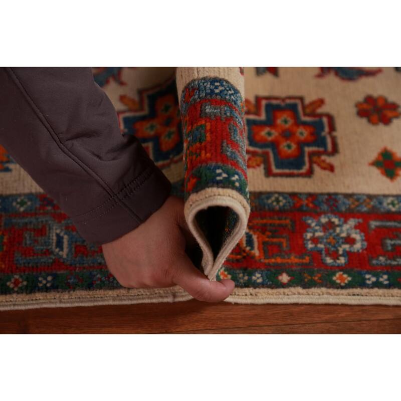 Geometric Kazak Foyer Rug Traditional Beige Handmade Wool Carpet - 2'8"x 4'1"