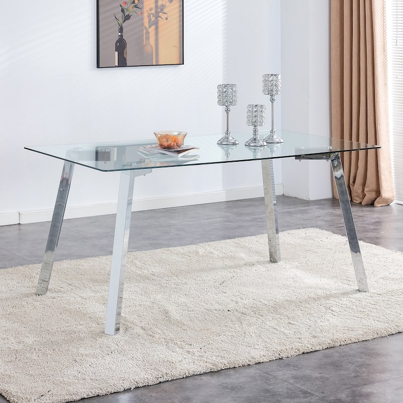 Minimalist style rectangular glass dining table with tempered glass and golden metal legs, for dining room,living room