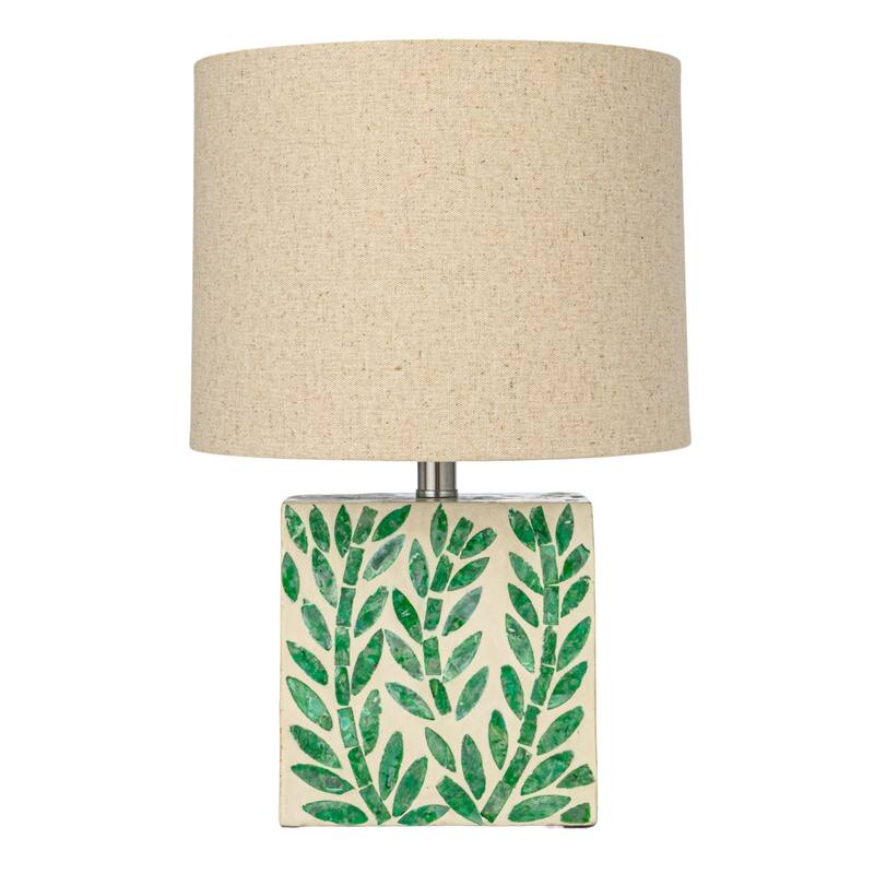Reclaimed Wood and Shell Botanical Table Lamp with Linen Shade - 9.1"L x 9.1"W x 13.6"H