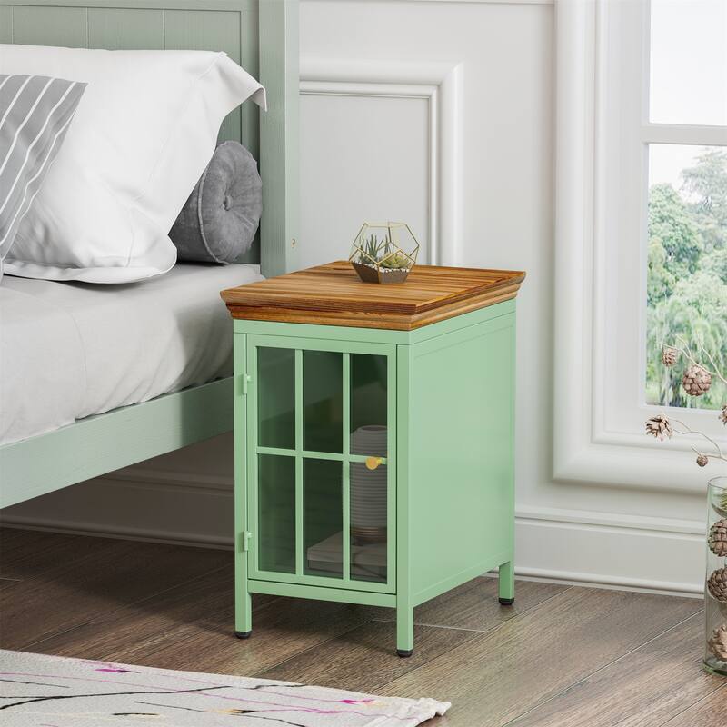 Nightstand with Storage Cabinet & Solid Wood Tabletop