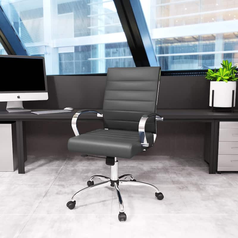 Benmar Leather Ribbed Office Chair with Chrome Frame, Adjustable Height, Tilt Lock, 360° Swivel, and Smooth Rolling Casters