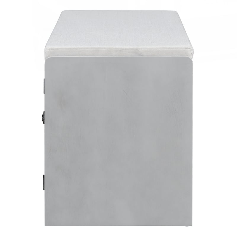 Rustic Storage Bench Multifunctional Wood Entryway Shoe Bench with Removable Cushion, Woven Rattan Doors & Adjustable Shelves