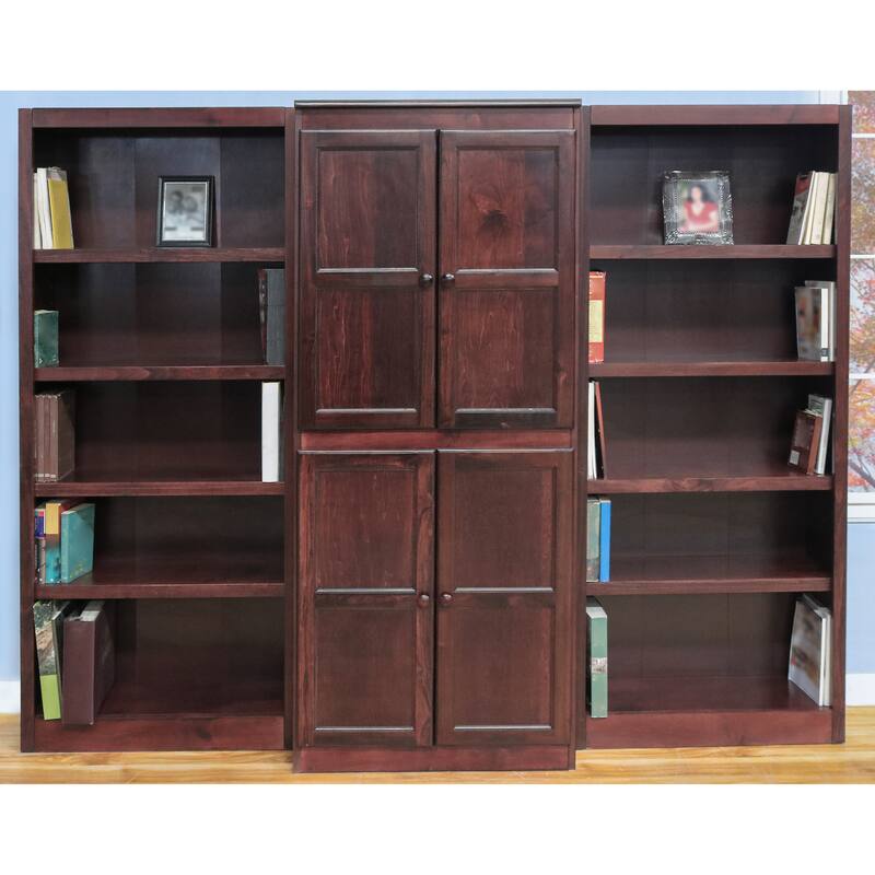 Concepts in Wood 15 Shelf Bookcase Wall with Doors, 72 inch Tall - Cherry