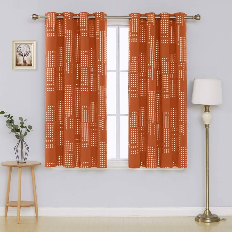 Room Darkening Silver Foil Pattern Grommet Curtains 2 Panels - 52 x 54 Inch - Orange