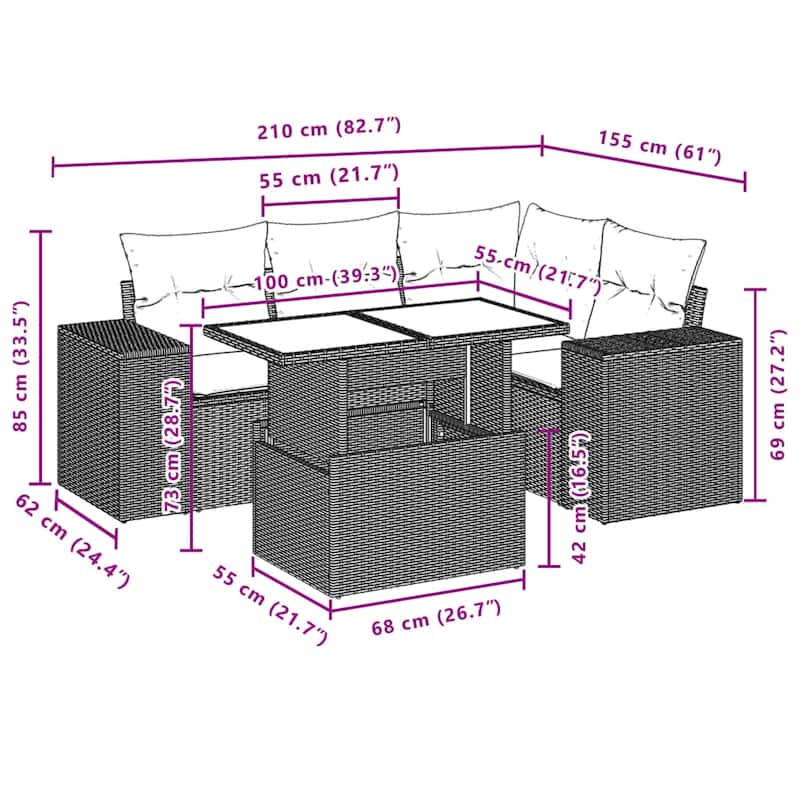 vidaXL Patio Sofa Set with Cushions Outdoor Furniture 5 Piece Poly Rattan