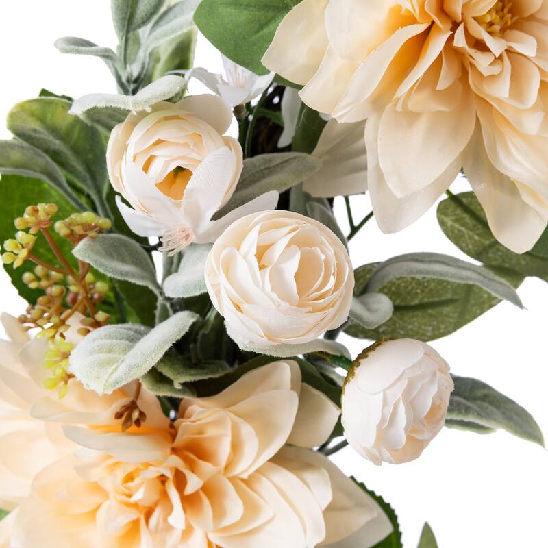 Glitzhome 24"D Artificial Floral Wreath with Peach Dahlia, Blue Peony & Hydrangea or Pink Hydrangea, Peony & Cherry