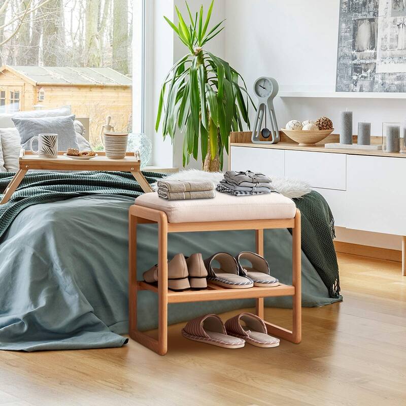 Solid Wood Shoe Bench with Sponge Cushion, Shoe Rack for Entryway - 23"