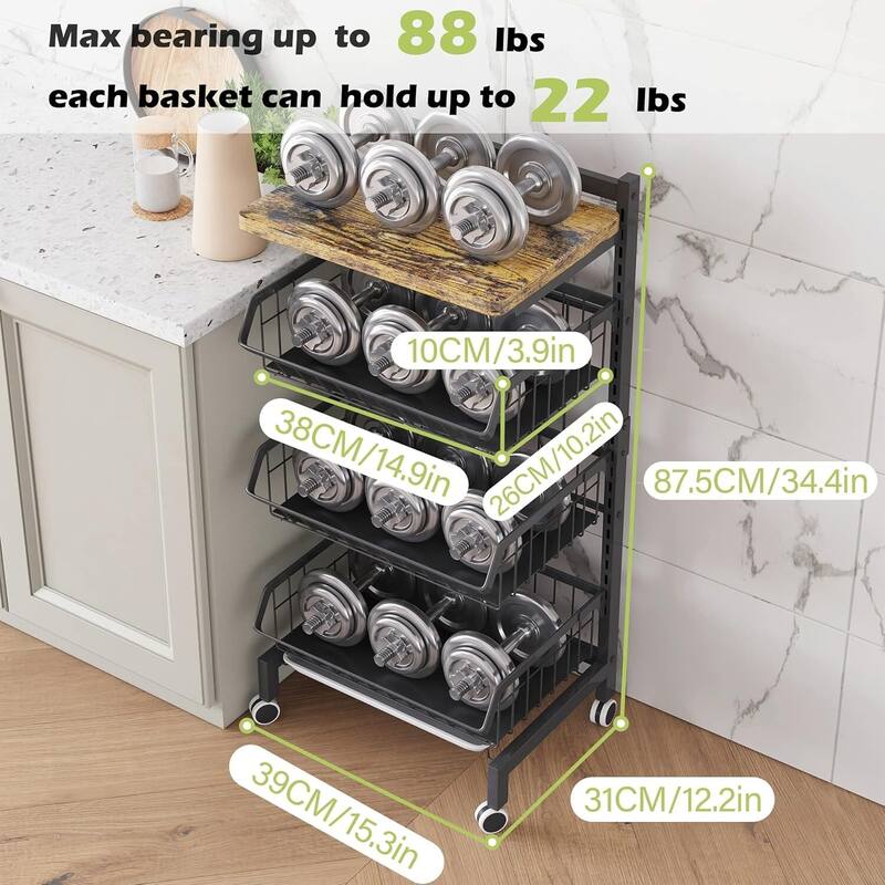 Snack Cart with Wheels 4-Tier Adjustable Fruit Rack Fruit Vegetable Basket Cart - 12.2"D x 15.35"W x 34.45"H