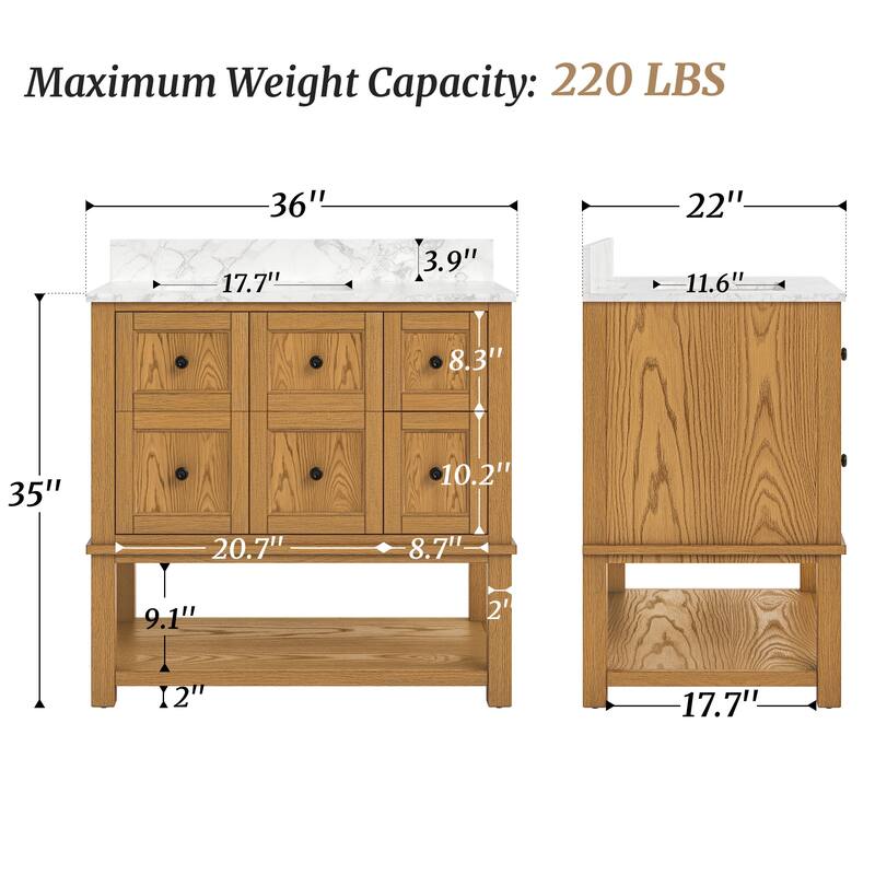 48" Bathroom Vanity with Sink, Marble Countertop Single Bathroom Vanity with 6 Drawers, White