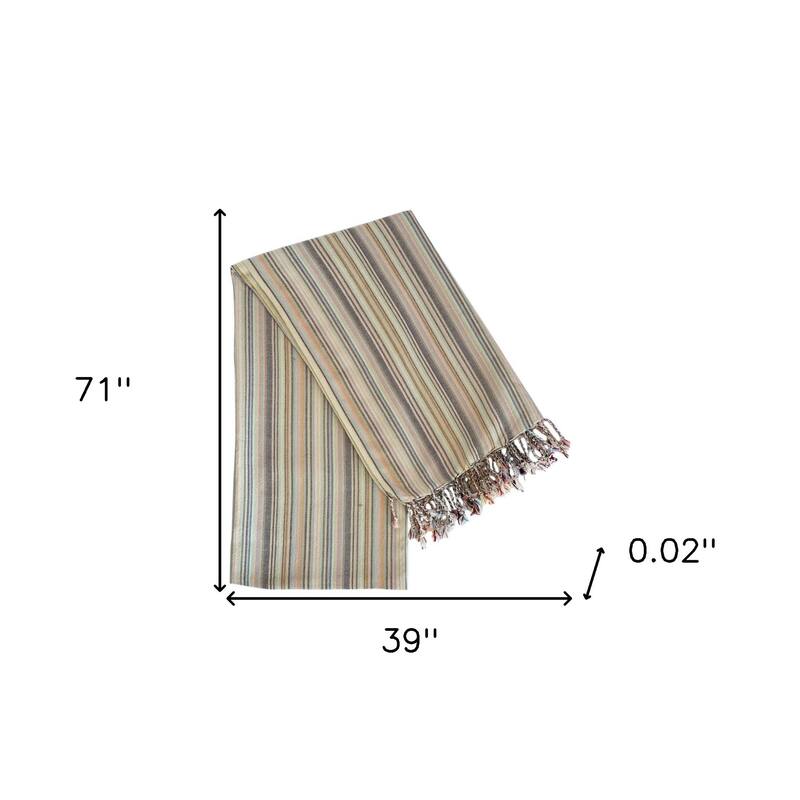 HomeRoots 39" X 71" Beige and Pink Cotton Striped Turkish Towel Throw Blanket with Tassels