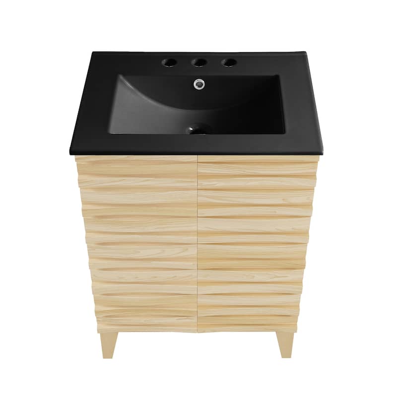 Cascade 24 In. Natural Oak Bathroom Vanity With Black, 3-Hole Ceramic Sink Top