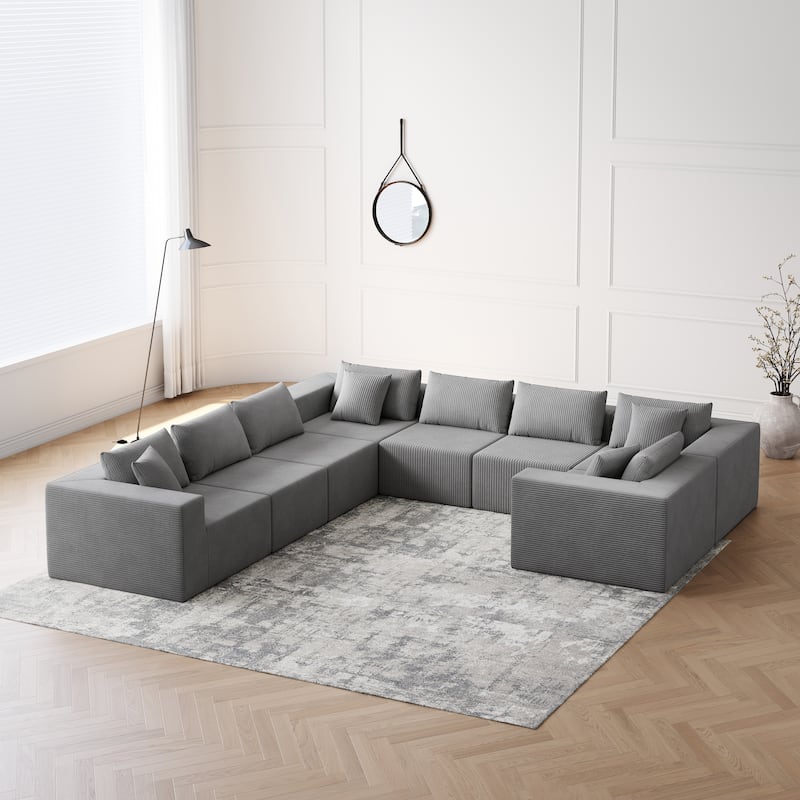 Roomfitters 188" Minimalist Corduroy Modular L-Shaped Sectional Sofa, Free Combination Floor Couch with Pillows - Grey