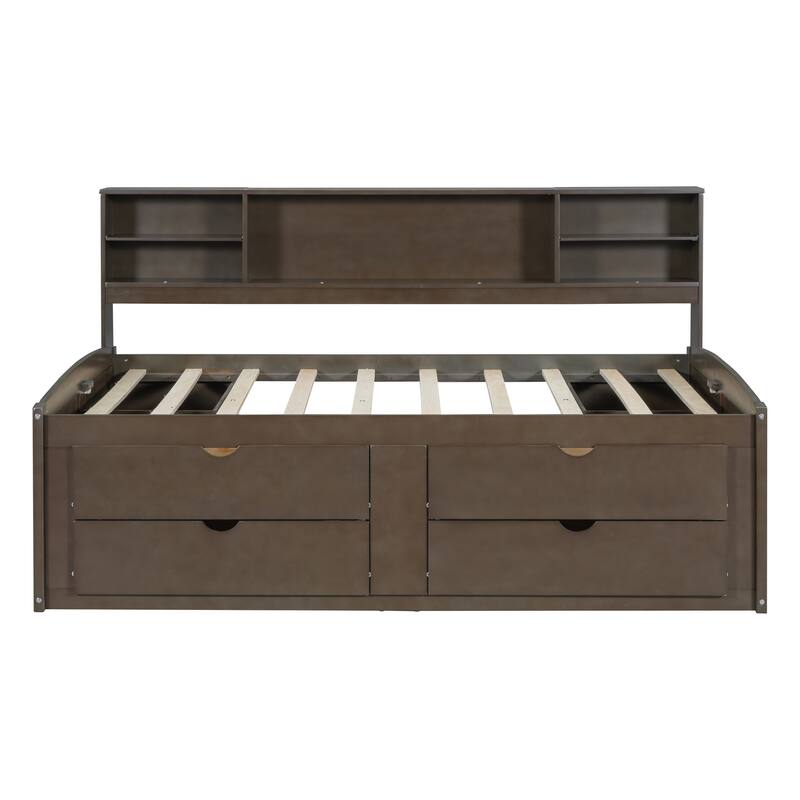 Full Size Daybed with Storage Bookcase and 4 Drawers, Wood Daybed Frame Sofa Bed with Upper Shelves and 2 Bedside Cabinets