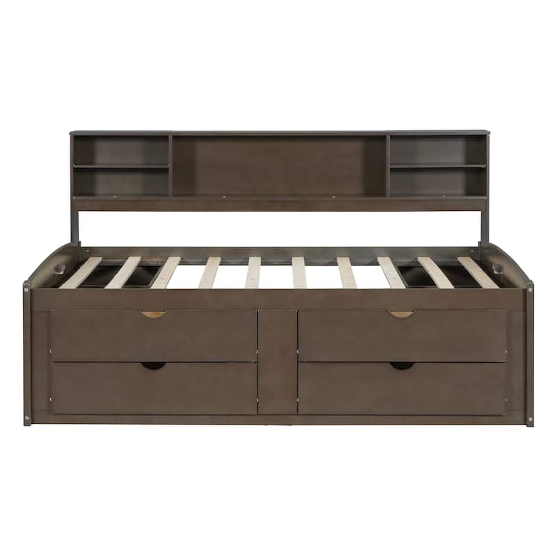 Full Size Wood Daybed with 2 Bedside Cabinets, Upper Shelves and 4 Drawers, Antique Brown