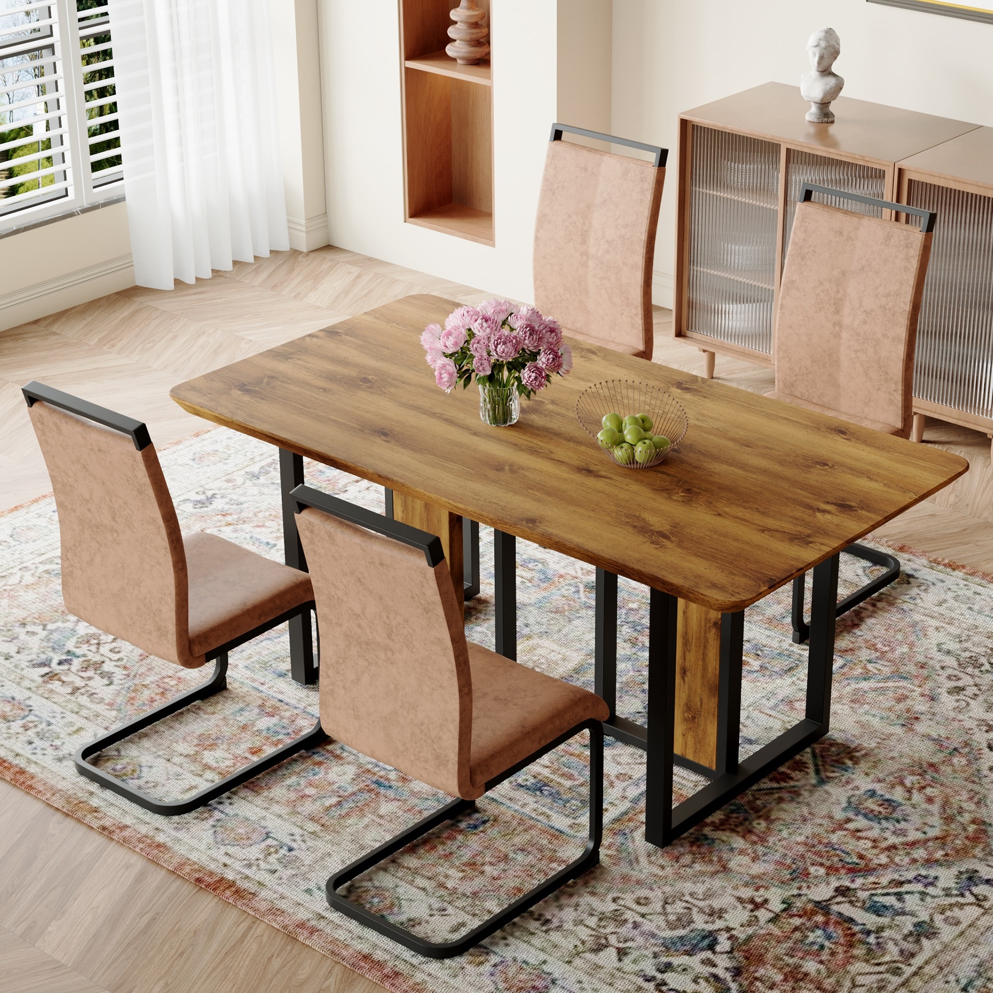 5-Piece Wooden Dining Table Set for 4 Person, Vintage Table Set with Rectangular Table and 4 Upholstered Chair for Kitchen
