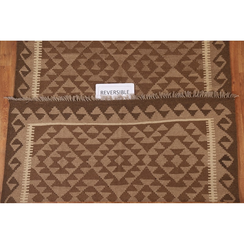 Geometric Brown Kilim Oriental Area Rug Hand-woven Wool Carpet - 5'2" x 8'2"