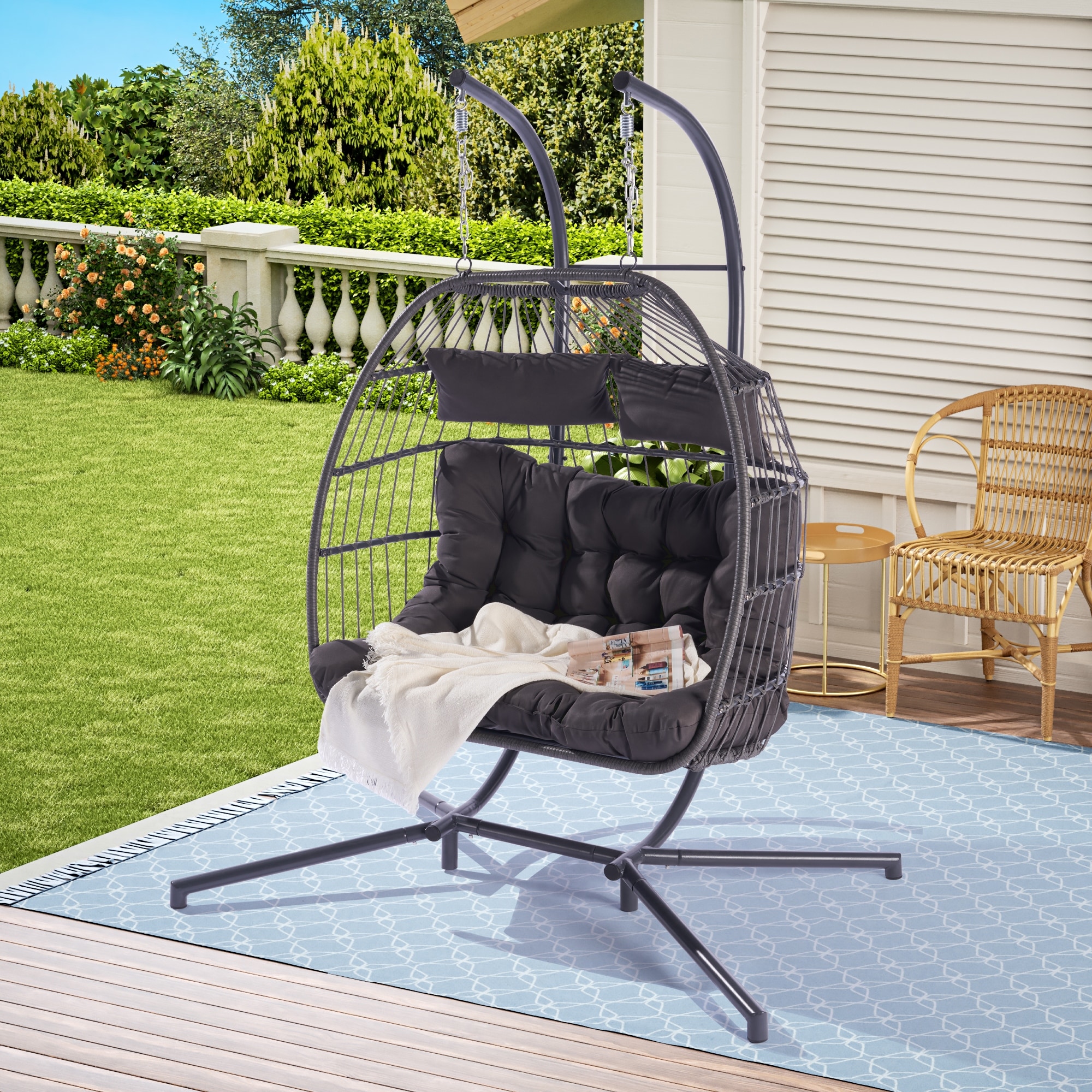 2 Person Hanging Egg Chair with Stand for Outdoor Patio Rattan Double Egg Swing Chairs Hammock Chair with Cushion Metal Frame Bed Bath Beyond 40047811