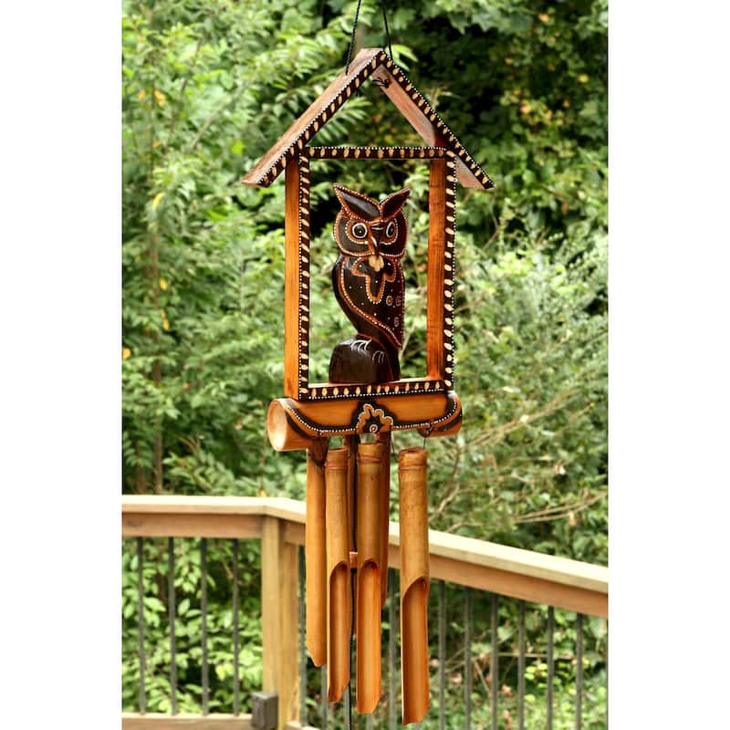 Handmade Wooden Owl House Bamboo Wind Chime Wood Statue Figurine Hoot Sculpture Decorative Rustic Patio Garden Outdoor Decor