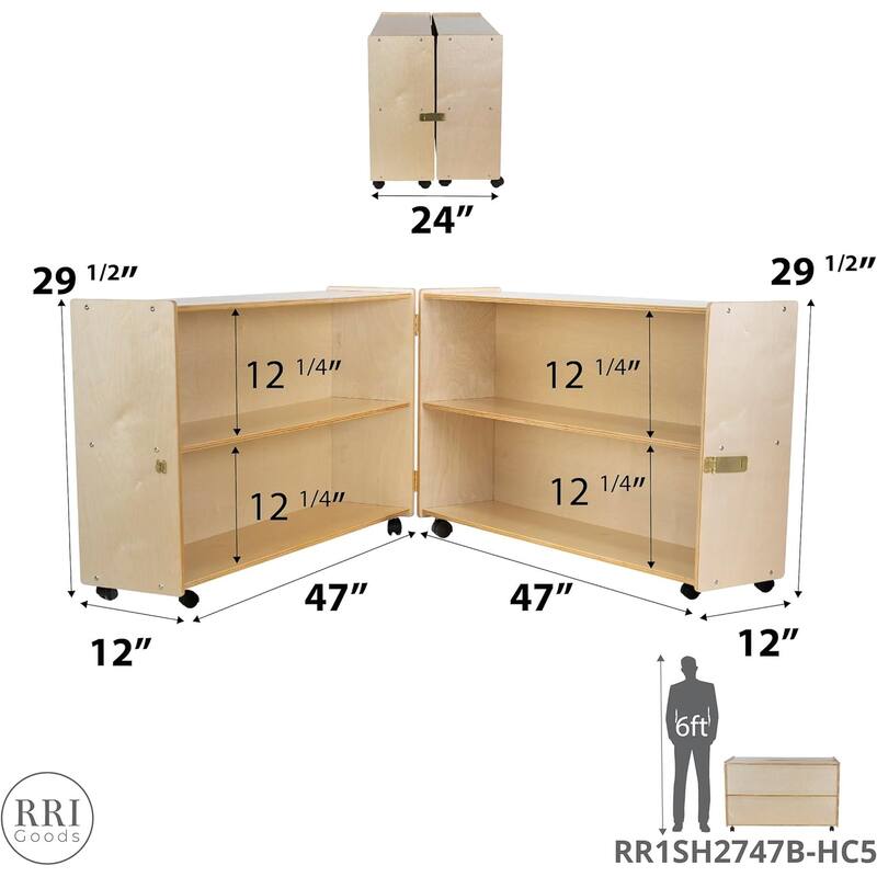 RRI Goods Montessori Wooden Folding Bookcase with Casters, Toy Organizer Storage Unit for Classroom Natural Wood Finish