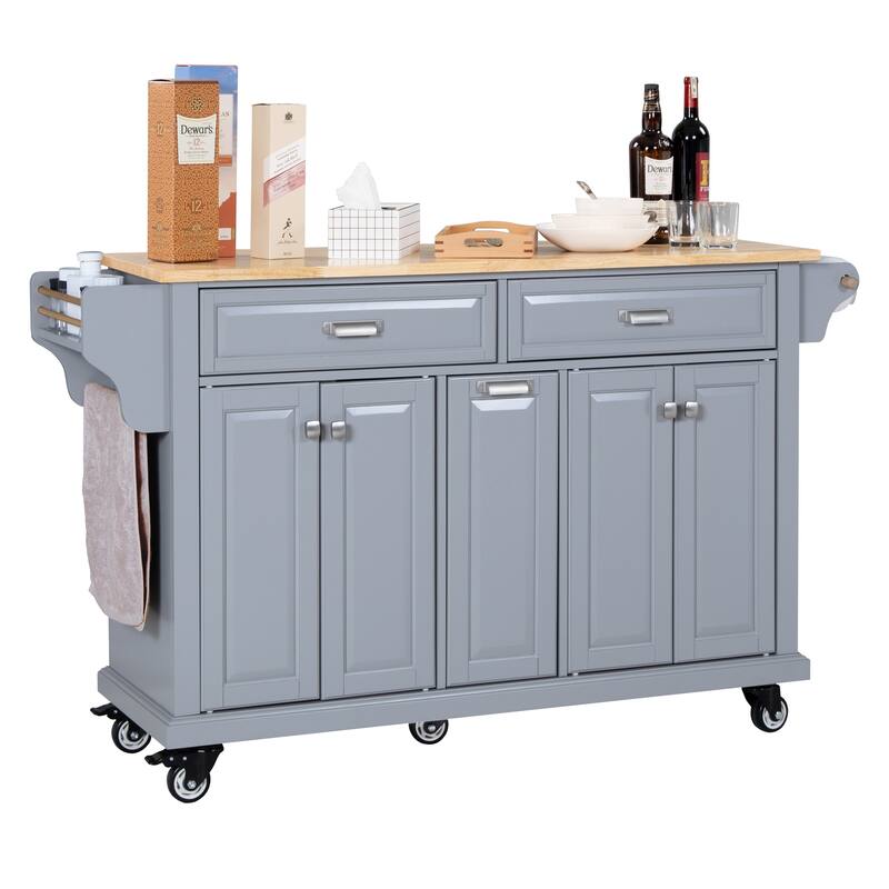 Kitchen Island with Rubber wood Countertop, Kitchen Cart on 5 Wheels with Storage Cabinet and 2 Top Drawers