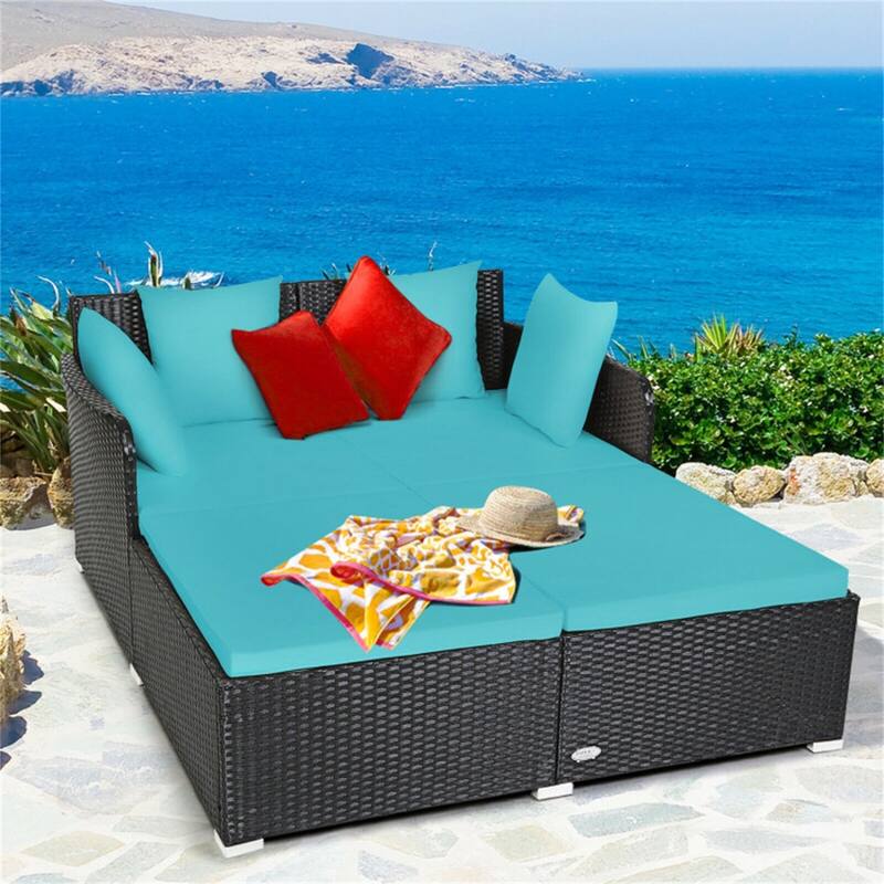 Outdoor Rattan Daybed with Cushions for Patio or Backyard - 61" x 52" x 27.5" - Turquoise