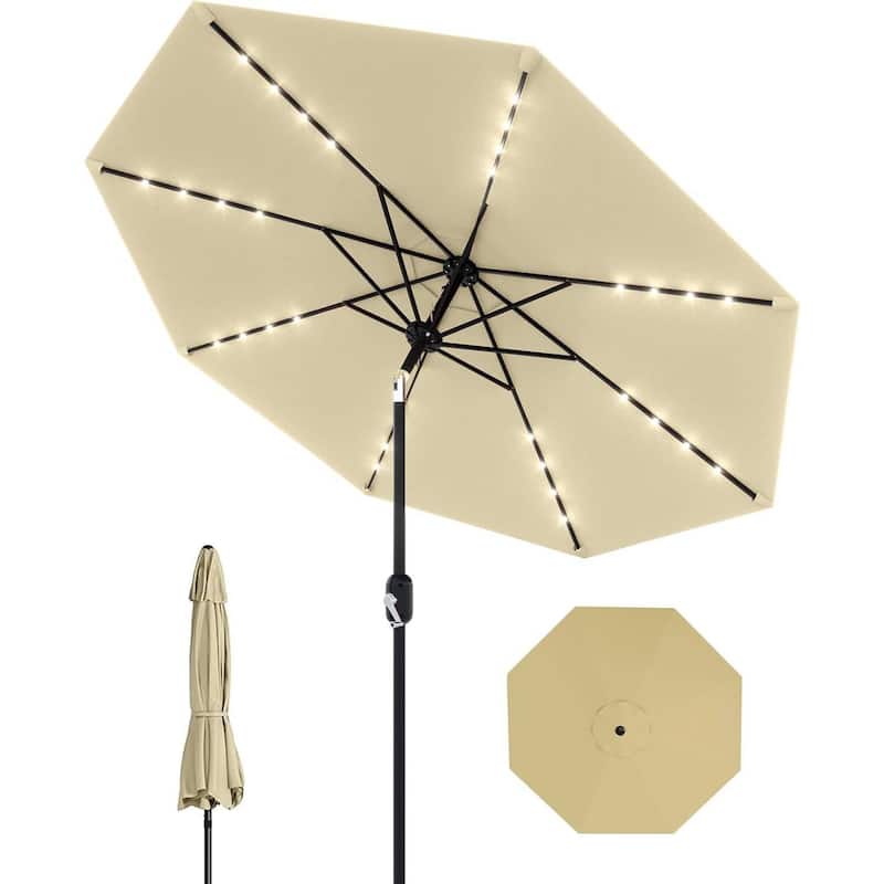 9 Ft Patio Umbrella with Solar Lights for Pool, Deck, Backyard - Beige