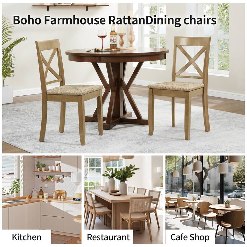 Bohemian 17" W Natural Weave Seagrass Rattan Seat Cross Back Dining Chairs