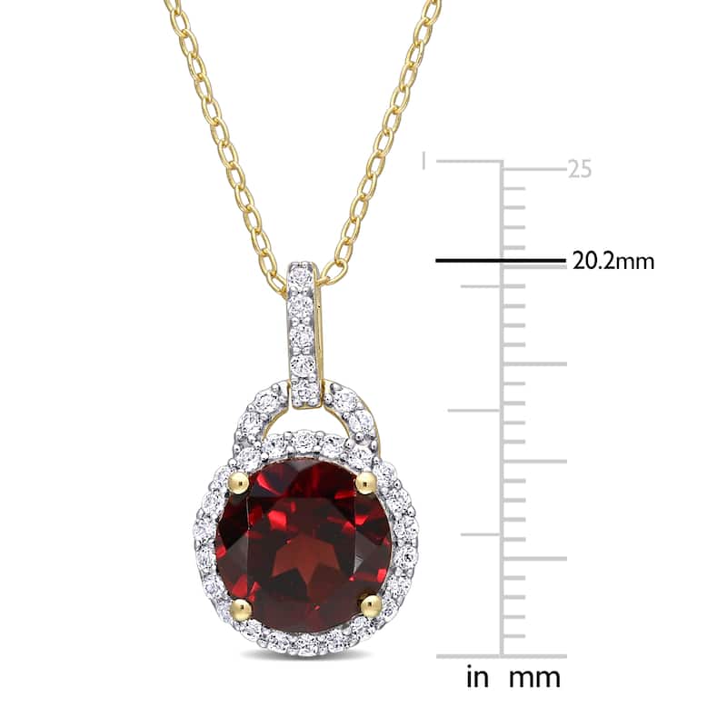 Miadora Yellow Plated Sterling Silver Garnet and White Topaz Birthstone Halo Drop Necklace - 20.2 mm x 18 inch x 11.6 mm