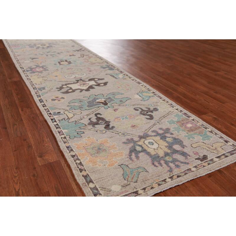 Hand Knotted Oriental 100% Wool Carpet Transitional Floral Beige & Ivories Oushak Runner Rug - 13' 8'' X 2' 7''