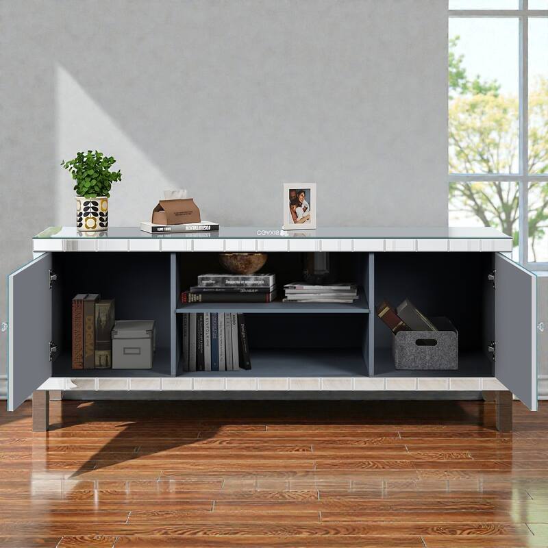 47 Inch Mirrored TV Stand with Diamond Glass Doors, Modern Media Console for TVs up to 50 Inch with Open Storage