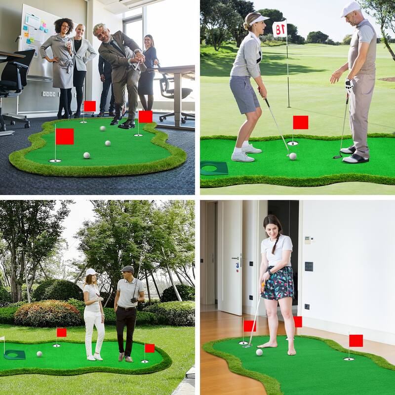 Indoor/Outdoor Putting Green Mat with Stainless Steel Challenge Cups & Slope Design for Practice