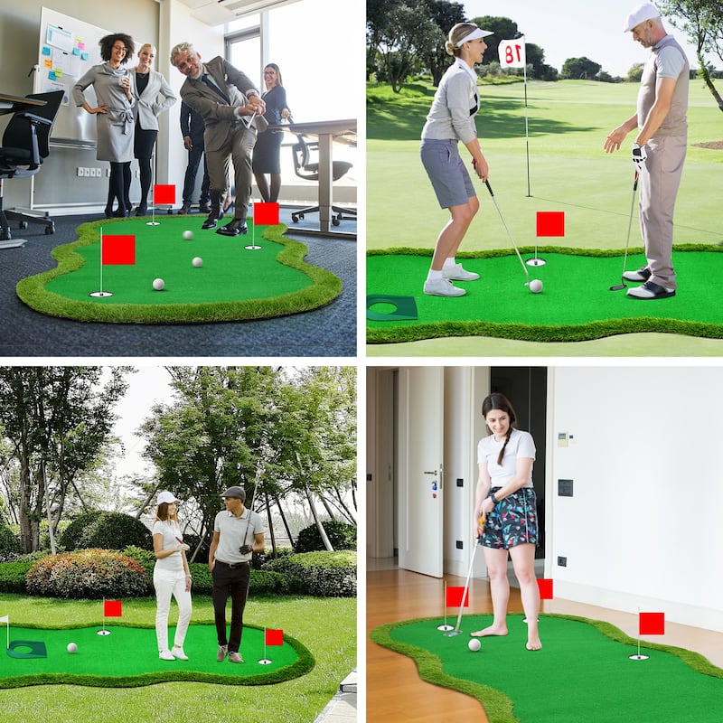 Putting Green Mat with Stainless Steel Cups & Adjustable Slope Challenge for Both Indoor & Outdoor