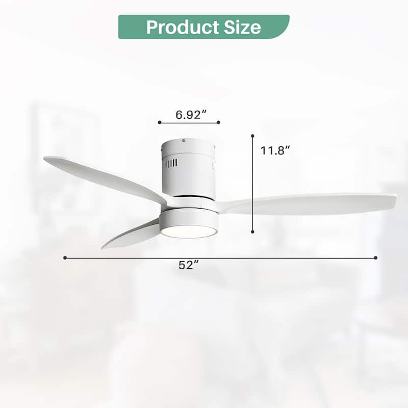 52 Inch Noiseless Flush Mount Ceiling Fan with Remote/Smart App Control,Dimmable Lights Optional,Reversible Motor - 52 Inch - White with White Blades