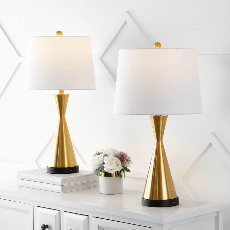 Roman 26" Classic French Country Iron LED Table Lamp with USB Charging Port, Nickel (Set of 2) by JONATHAN Y - Brass Gold