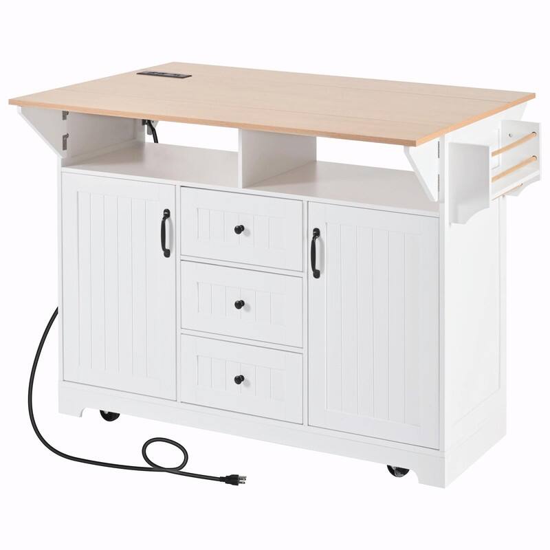 55.7" Rolling Kitchen Island with Double Drop Leaf, Power Outlet, 3 Drawers, Spice & Towel Rack, Folding Dining Table Cart