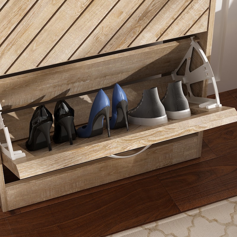 Timechee 8 Pair Shoe Storage Cabinet with 2 Drawers, Wood Color