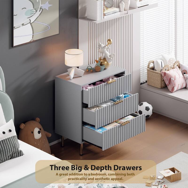 Fluted 3 Drawer Dresser for Bedroom, Modern Wooden Chest with Deep Drawers and Wide Top