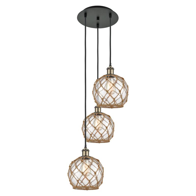 Innovations Lighting Endless Possibilities Ballston - Farmhouse Rope - 3 Light 15" Cord Hung Multi Pendant - Clear Glass with Brown Rope/Black Antique Brass