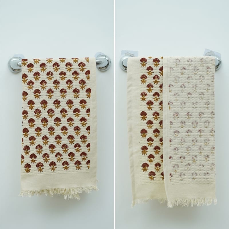 Fabdivine Honeycomb or Waffle Weave Hand Block Floral Print Hand Towel, Kitchen Gift Use