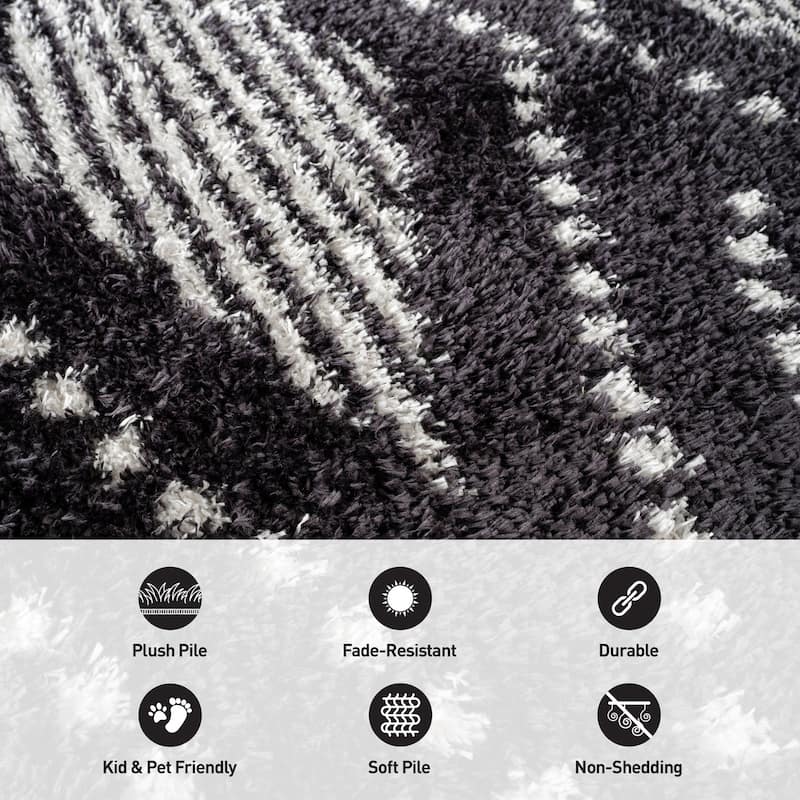 Geometric Shag Area Rug - Durable for Living Room, Bedroom - Polyester with Jute Backing - Anthracite Dark Gray and White