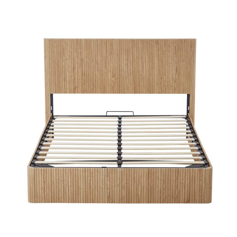 Queen-Sized Hydraulic Lift-Up Storage Bed Frame With Wooden Corrugated Curved Lines, No Box Spring Required‌