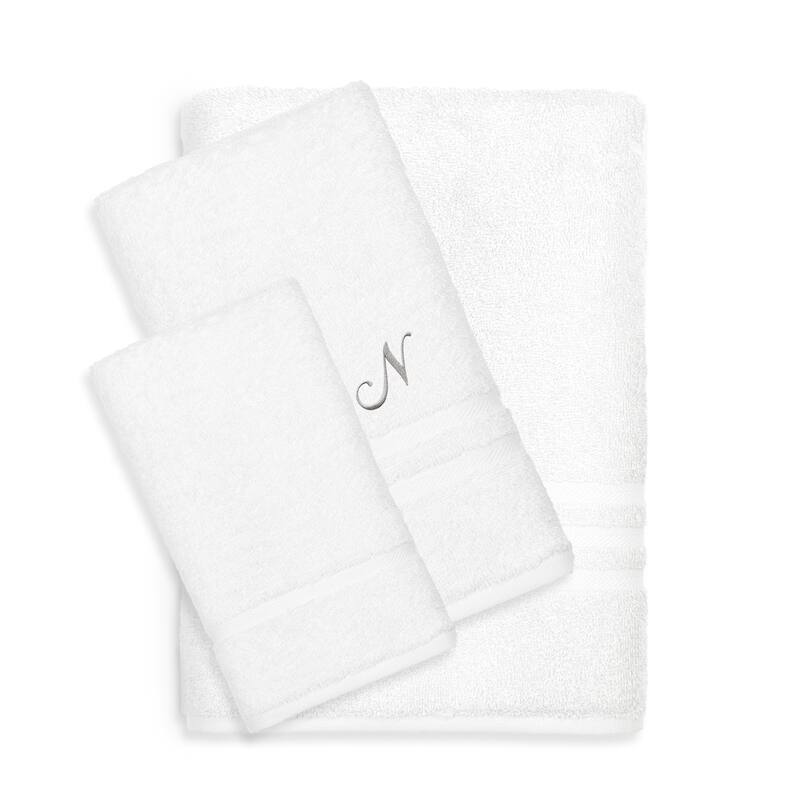 Authentic Hotel and Spa Omni Turkish Cotton Terry 3-piece White Bath Towel Set with Grey Script Monogrammed Initial - White/N