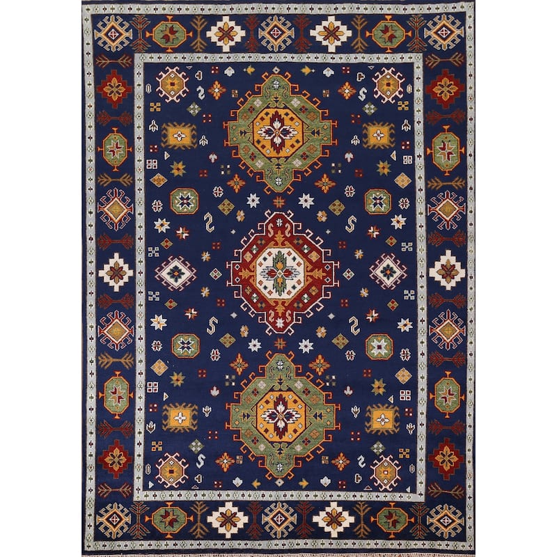 Navy Blue Geometric Kazak Oriental Area Rug Handmade Wool Carpet - 8'8" x 11'11"